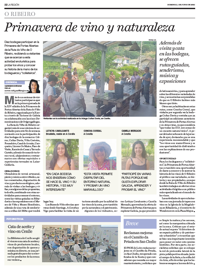 Reportaje de La Región sobre la primavera de portas abertas do Ribeiro